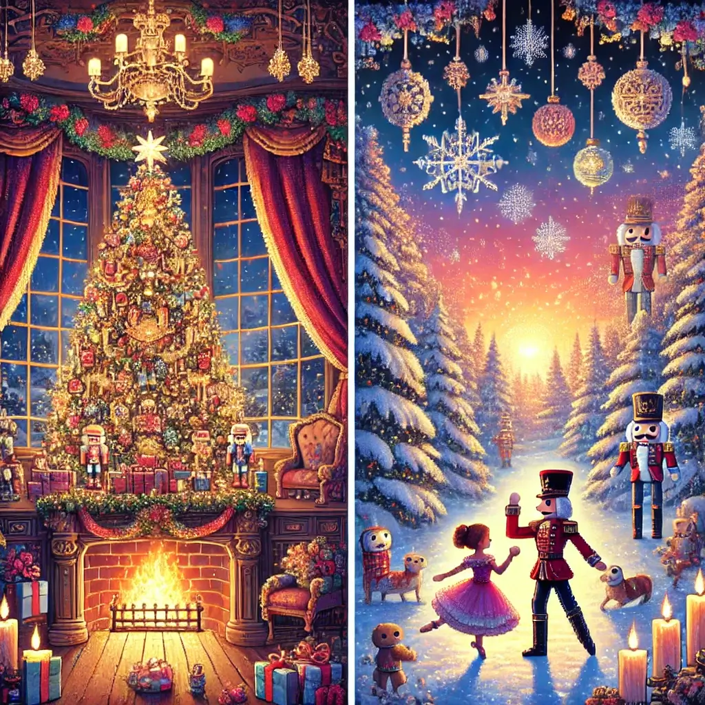 Clara holding the Tchaikovsky's Nutcracker doll beside a glowing Christmas tree in a cozy pixel art living room.