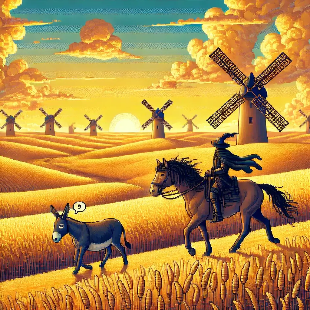 "A surreal pixel scene showing a thin knight charging toward giant-like windmills under a colorful sky, while his short squire trails with a skeptical expression."