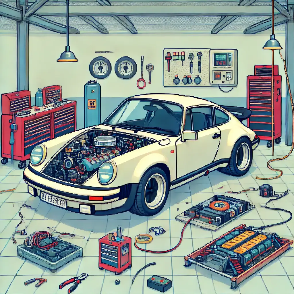 Pixel art of a vintage Porsche 911 inside a clean garage, with the gas engine being removed and tools spread around.