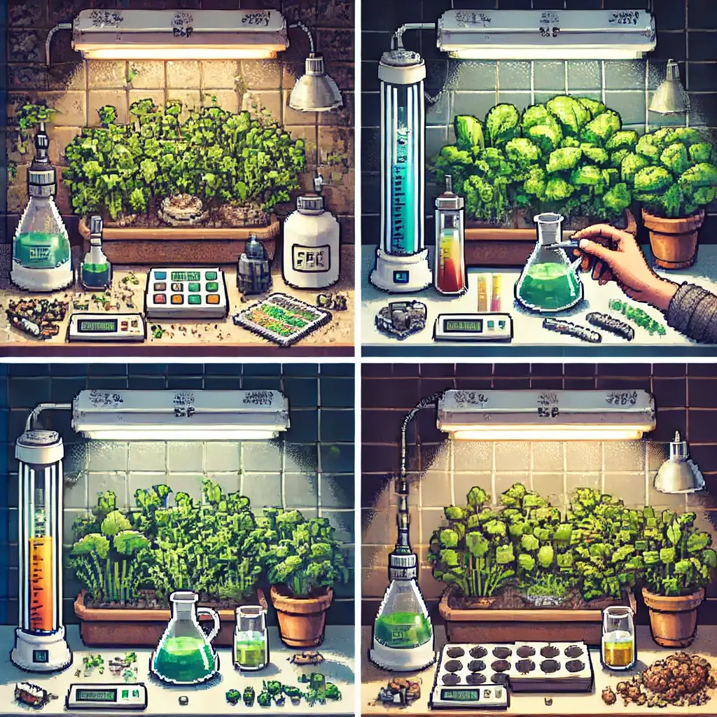 Indoor hydroponic setup with lettuce and spinach under grow lights in pixel art style.