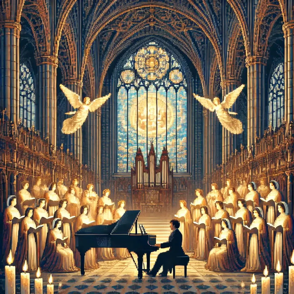 Pixel art of a candlelit cathedral where a solemn choir sings behind a grand piano. A Brahms-like figure sits at the piano, surrounded by ghostly figures symbolizing grief and hope, under arched stained glass windows.