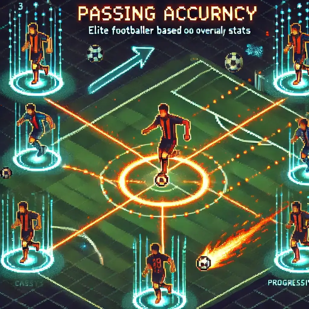 Pixel footballer making pinpoint accurate passes across the pitch, surrounded by directional arrows – symbolizing elite passing accuracy. Midfield