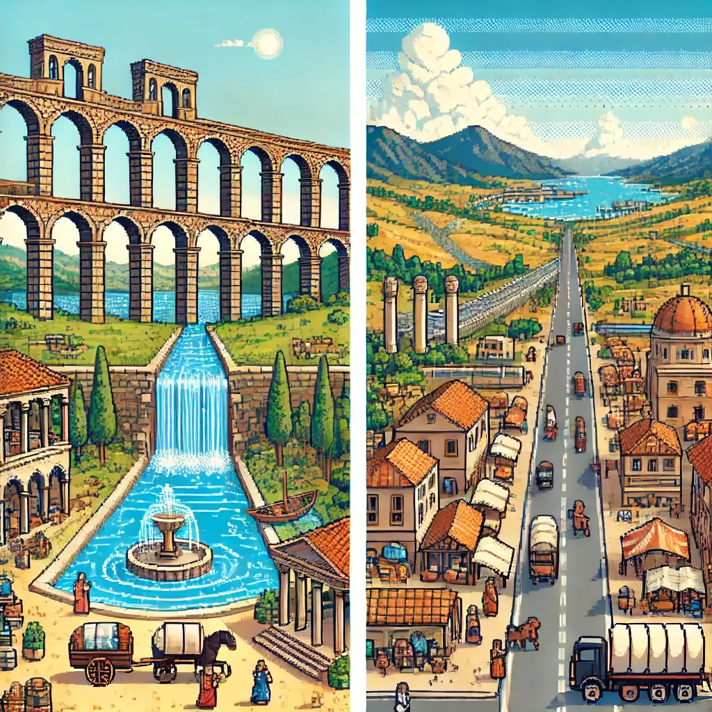 Pixel art of a vibrant Roman city featuring aqueducts, public baths, fountains, bustling markets, and classical architecture, symbolizing economic growth from urban engineering.