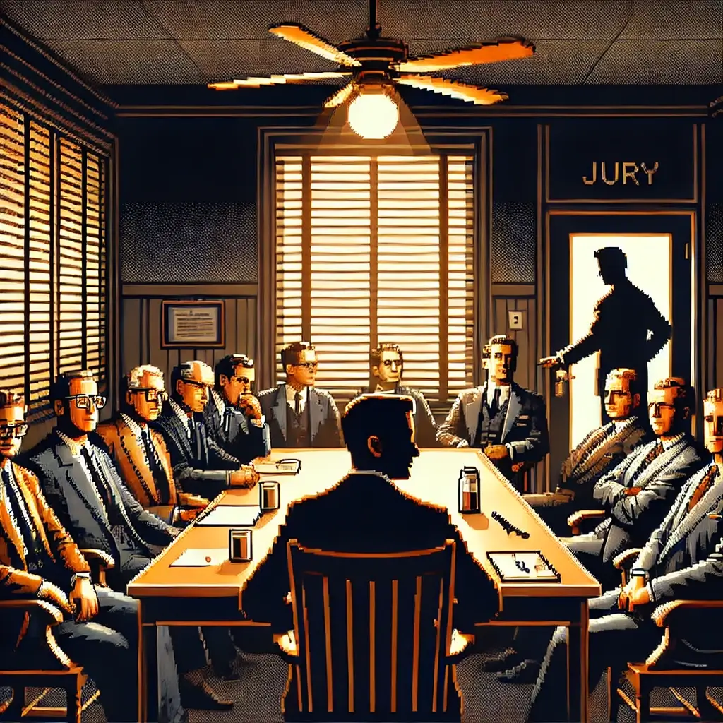 Pixel art of twelve jurors in a tense courtroom scene; Juror 8 stands pointing at a knife on the table.