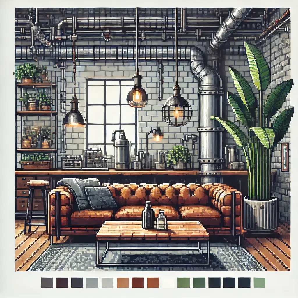 Pixel art of an industrial-style living room with exposed brick walls, metal pipes, reclaimed wood furniture, and a leather sofa. Edison bulb lighting and a tall plant complete the warm yet edgy decor.