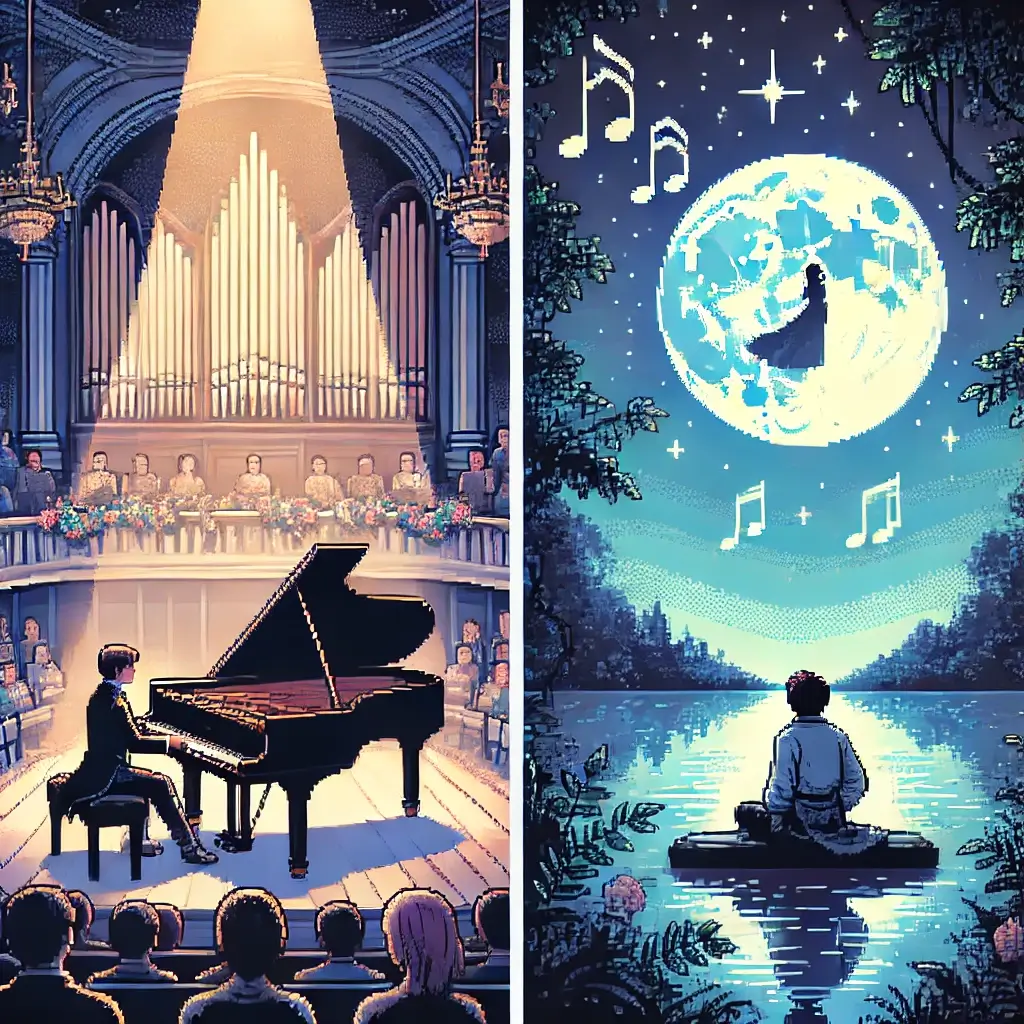Chopin's Piano Concerto No. 1: A Whirlwind of Passion and Elegance 2 Pixel art of a dimly lit concert hall with Chopin playing a grand piano under a spotlight; the audience sits in shadowed rows, evoking a nostalgic, romantic mood.