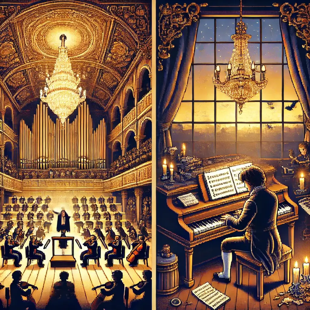 Pixel art of Beethoven performing Piano Concerto No. 5 "Emperor" in a grand concert hall, under golden light, with a full orchestra and glowing chandelier behind.