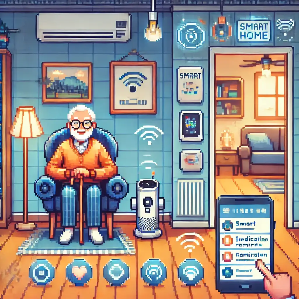 Pixel art of an elderly person sitting comfortably in a smart home with devices like a voice assistant, smart lights, and a medication alert on a smartphone. Smart Home