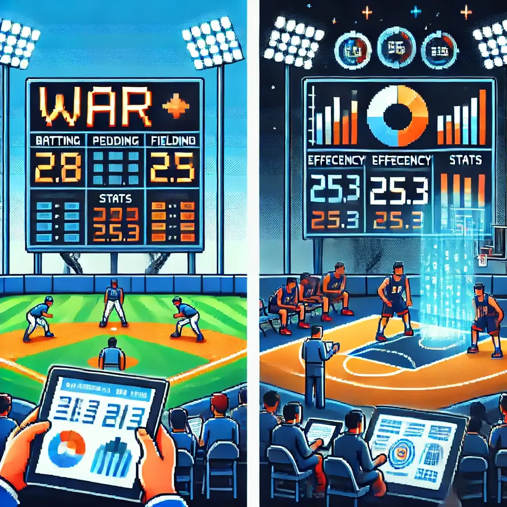 Pixel art of a baseball stadium with a scoreboard showing "WAR" and advanced player stats, fans using tablets to analyze data. Beyond the Box Score stats
