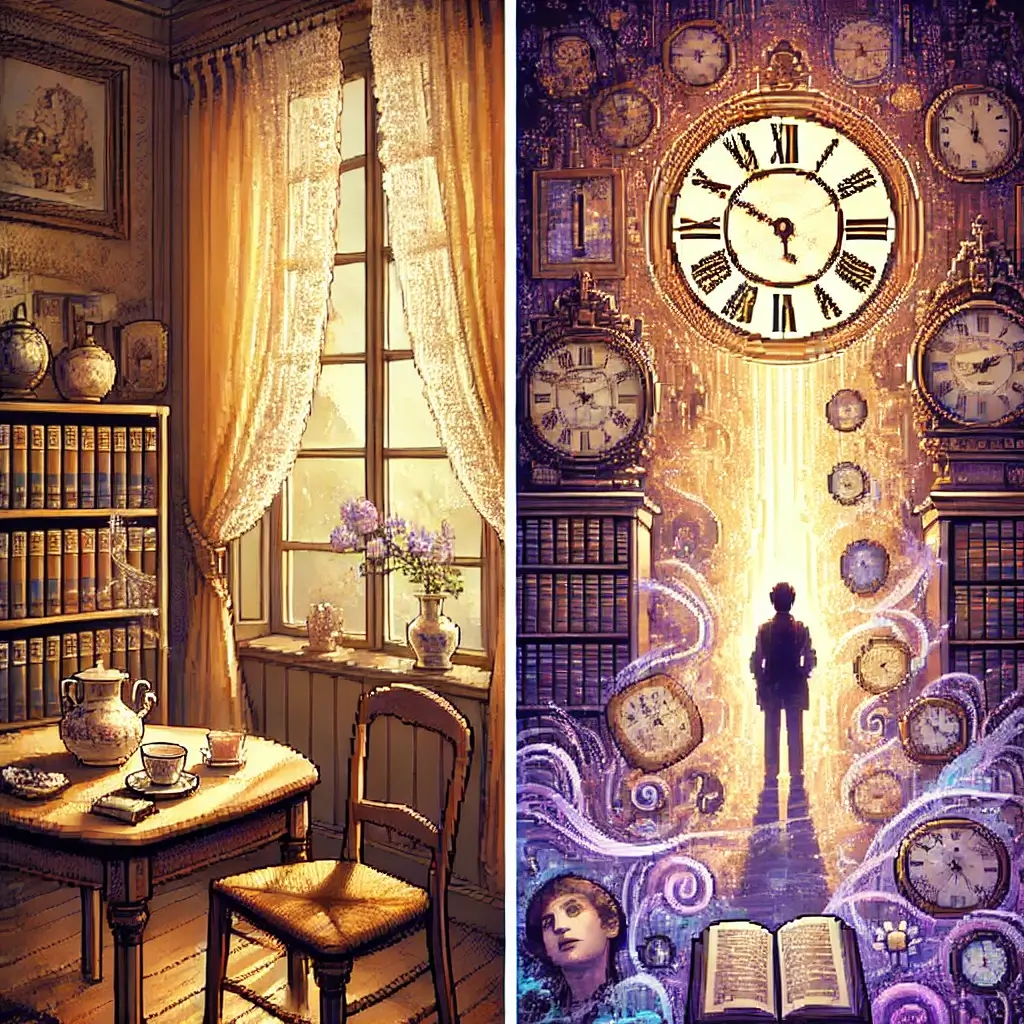 Pixel art of a warm vintage French room, afternoon light streaming through a lace-curtained window, with a cup of tea and madeleine on a table, bookshelf in the background, and a ghostly figure of young Marcel gazing out.