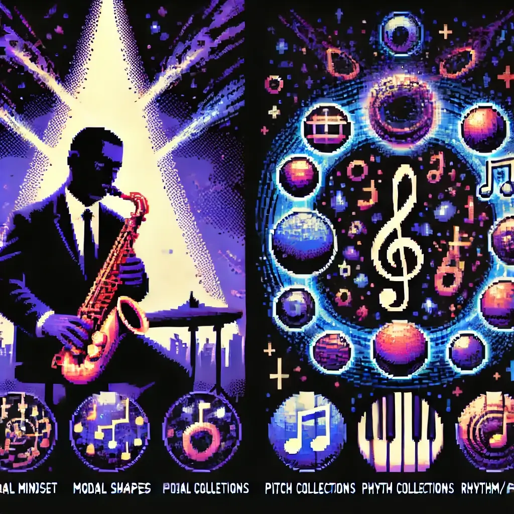 Pixel art of a jazz saxophonist playing under a spotlight with abstract Dorian and Lydian symbols surrounding him. Modal Jazz
