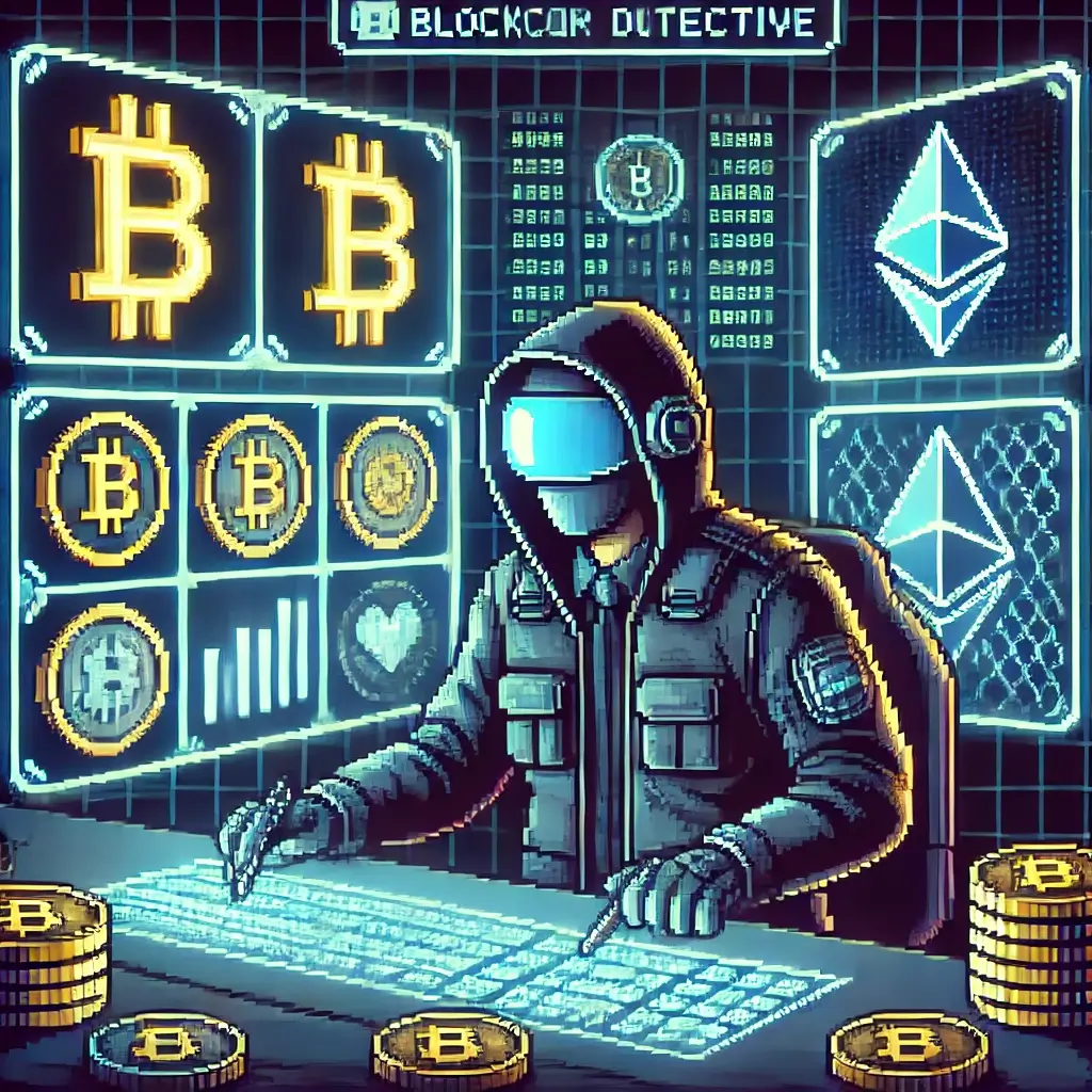 Pixel art of a cyber detective in a dark tech room analyzing blockchain data on glowing holographic screens, surrounded by crypto symbols like Bitcoin.
