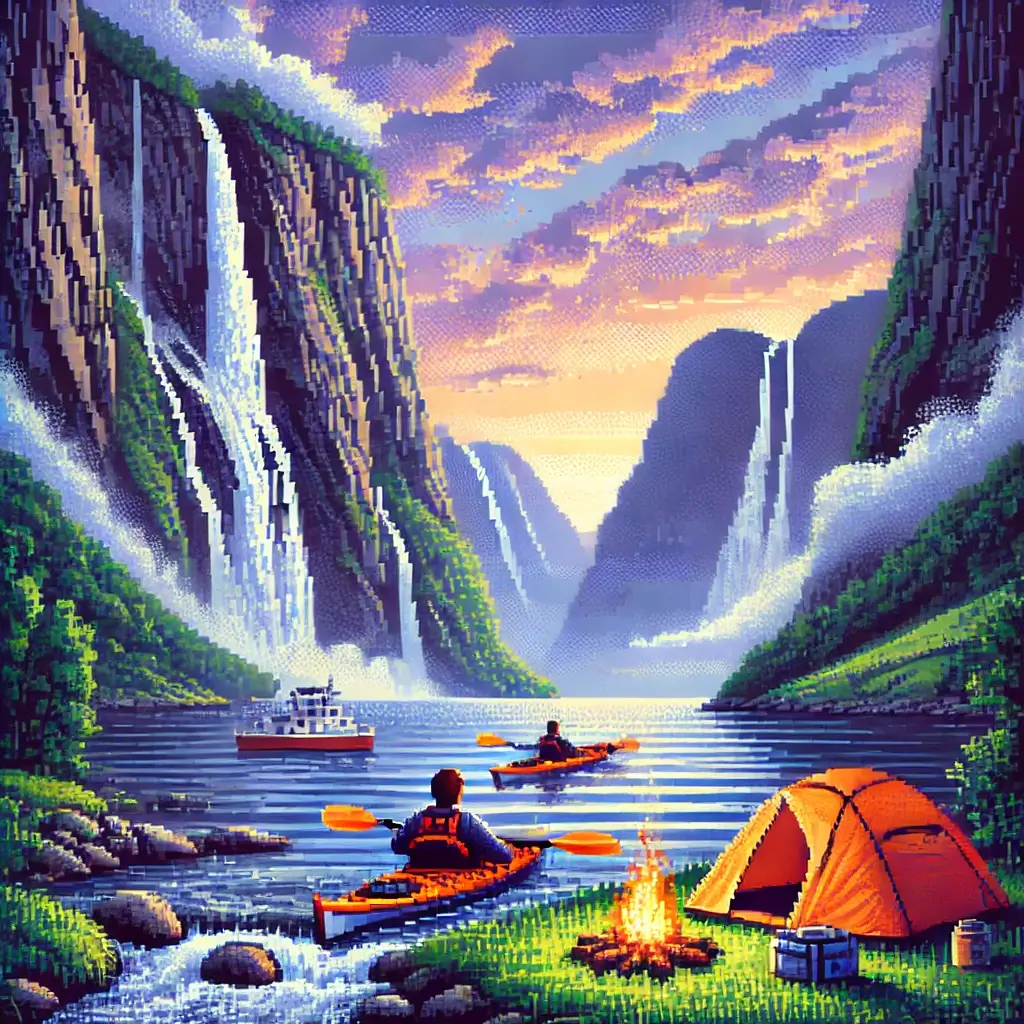 A kayaker paddling through a dramatic Norwegian fjord with cliffs and waterfalls. Multi-Day Kayaking