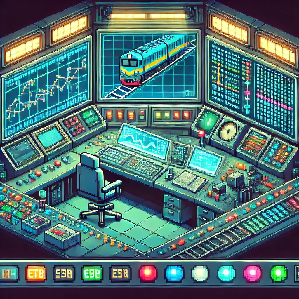 Pixel art of a train simulator control room with digital monitors, signal lights, and a route map. Tycoon