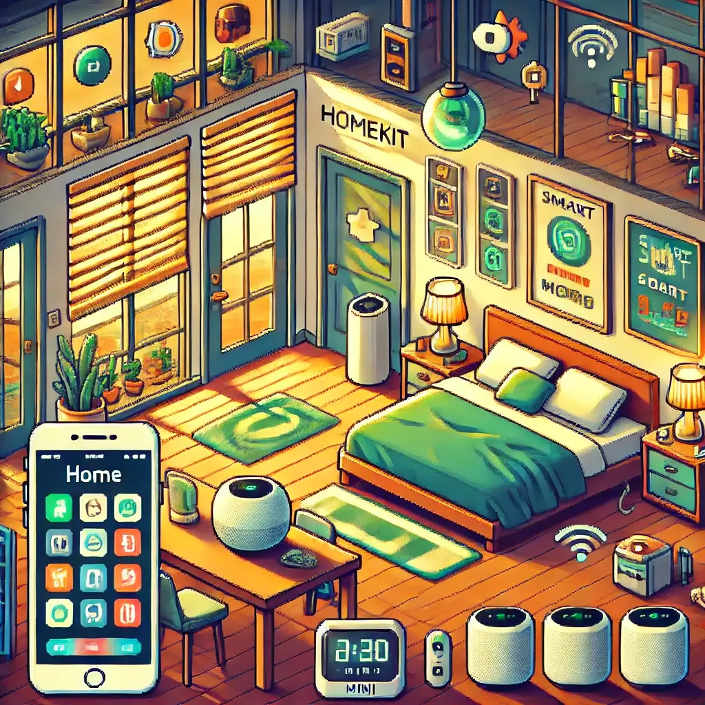Pixel art of a smart bedroom with HomeKit: lights gradually turning on, HomePod playing music, blinds opening, coffee machine steaming, and iPhone showing Home app.