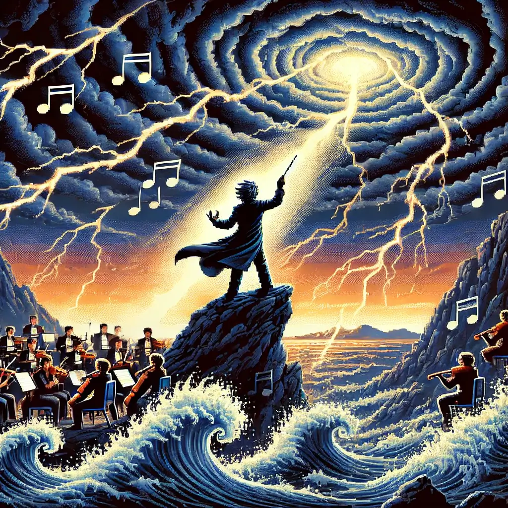 Pixel art of a stormy cliffside with a Beethoven-like figure holding a conductor’s baton like a sword. Lightning shaped like the “fate motif” strikes above. Crashing waves and glowing musical notes rise into the sky. In the background, an orchestra plays under dark clouds transitioning into golden light.
