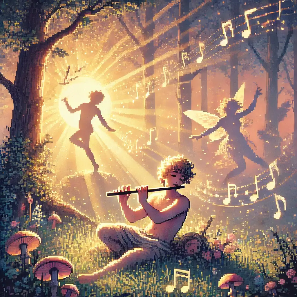 A dreamy pixel art forest scene with a faun playing the flute under warm golden light, surrounded by floating music notes and glowing sunlight.