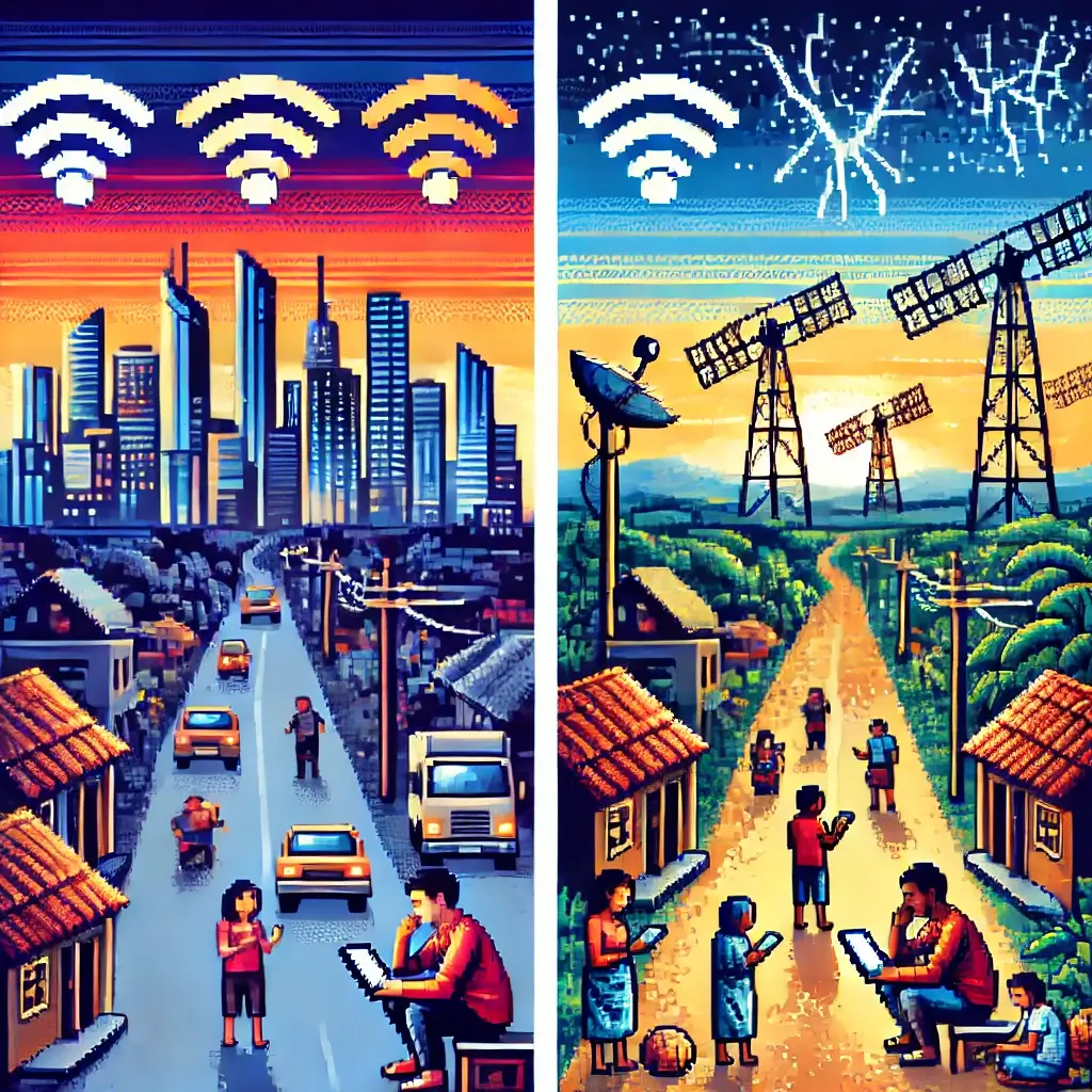 The Shocking 35% Gap: Why Rural Internet Penetration Is Still a Global Crisis! 2 Urban area with strong internet signals and happy people on digital devices.