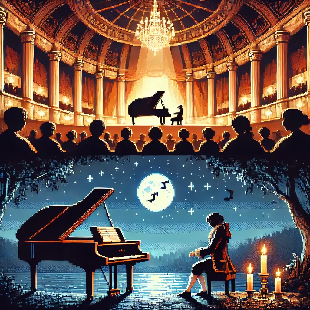Pixel art of a classical concert hall with a pianist in historical attire performing on a grand piano, under warm lighting with a seated audience.