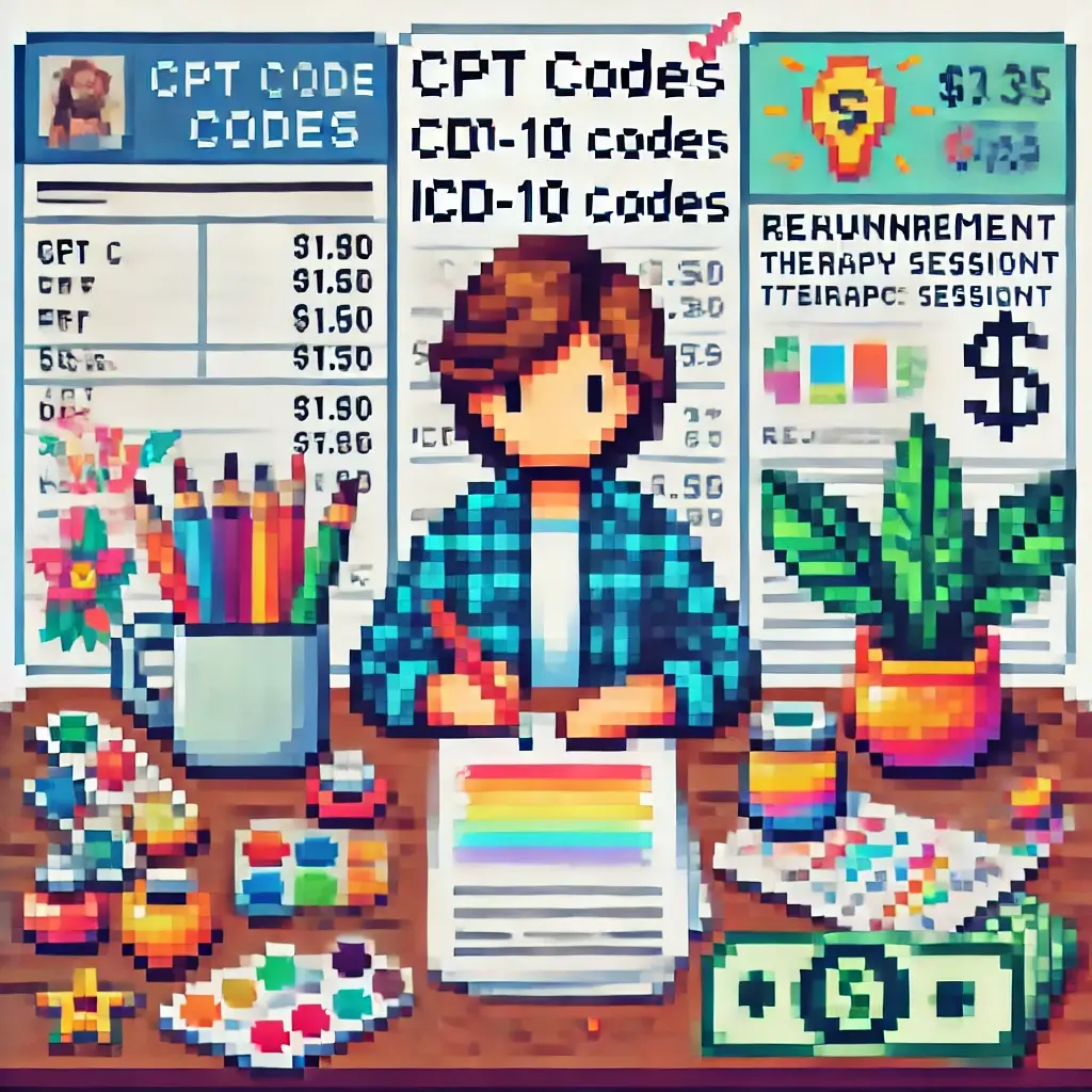 7 Secrets to Decoding Art Therapy Billing Codes (and Not Losing Your Mind!) 2 Pixel art showing art therapy billing with CPT codes, ICD-10 codes, reimbursement, and therapy session workflow. An art therapist balances creative art supplies and insurance documents.