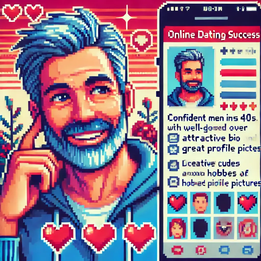 Pixel art of a confident man in his 40s standing before a dating profile interface, with heart icons and hobby photos, representing online dating success.