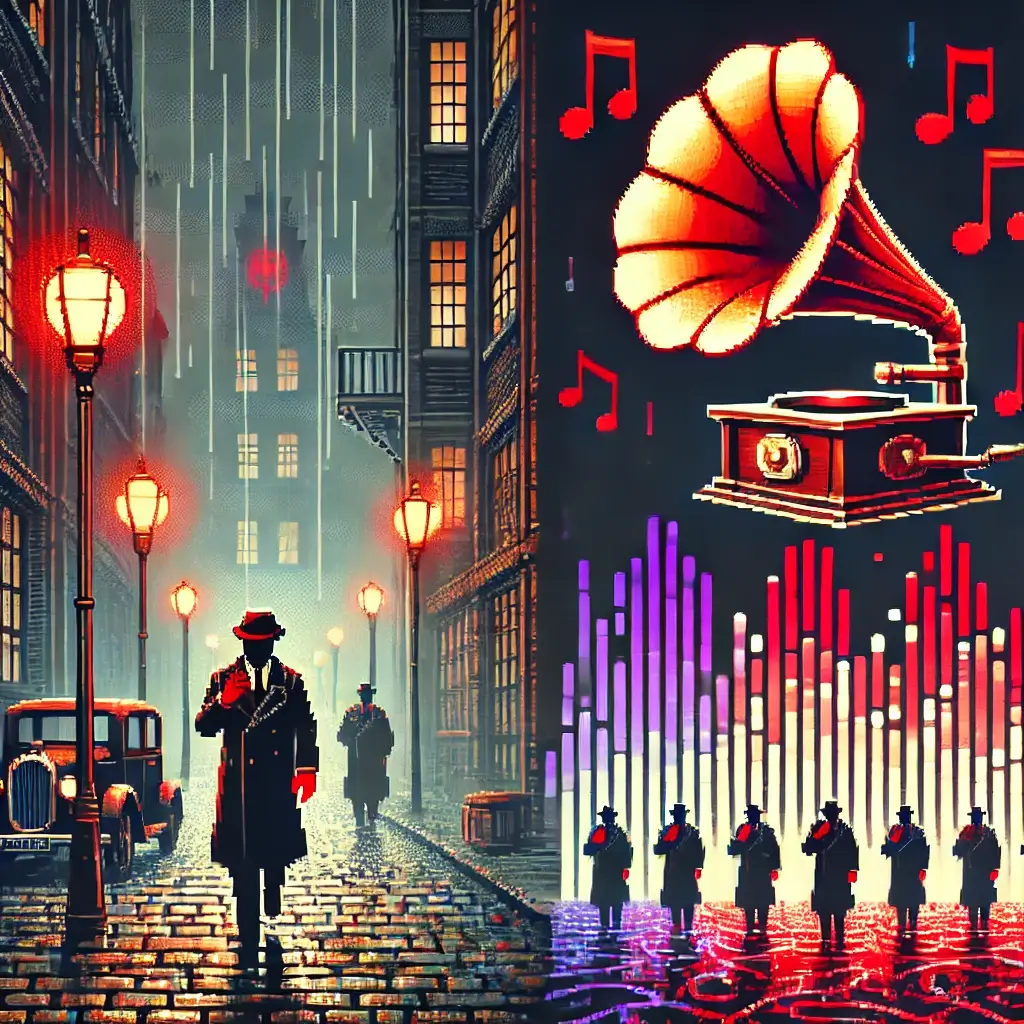 Pixel art of a dark rainy 1920s alley with silhouettes in flat caps and trench coats walking in line, red light reflecting on cobblestones, evoking Peaky Blinders soundtrack energy. From Six Seasons of Brawls and Betrayals: How Music Gave Peaky Blinders Its Savage Soul