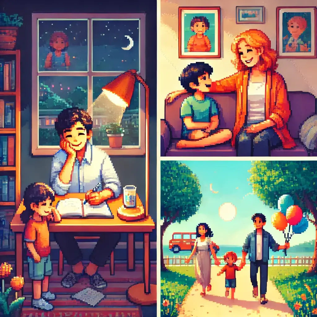 Pixel art of a single parent journaling at night in a cozy room with a family photo in the background. Dating After Divorce with Kids