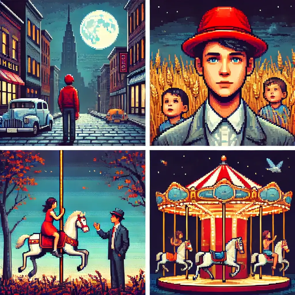 The Catcher in the Rye: 1 Trillion Reasons Why Holden Caulfield Still Haunts Our Souls 2 Pixel art of Holden Caulfield in a red hunting hat standing alone on a dark New York street, symbolizing alienation in The Catcher in the Rye.