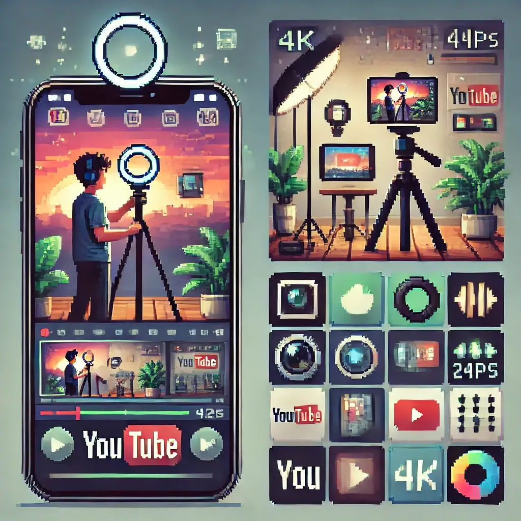 Pixel infographic featuring smartphone videography essentials like tripod, mic, lighting, and editing apps for YouTube content creation.