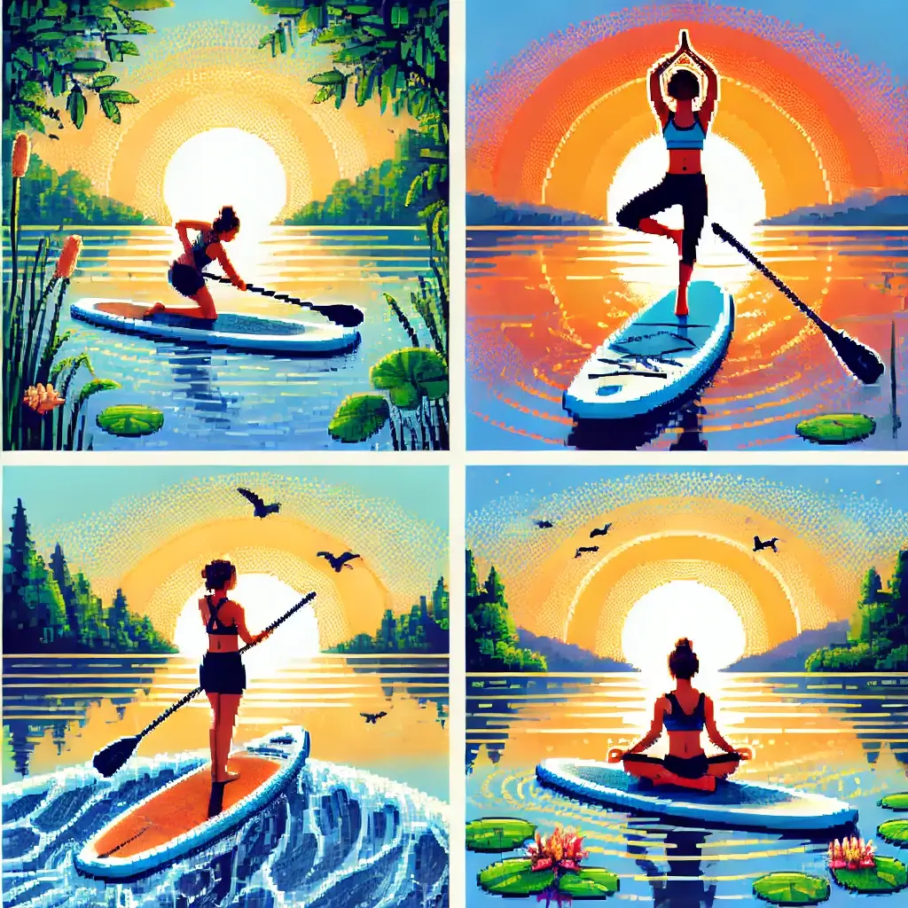 Pixel art of a person doing Tree Pose on a paddleboard during sunrise on calm water.