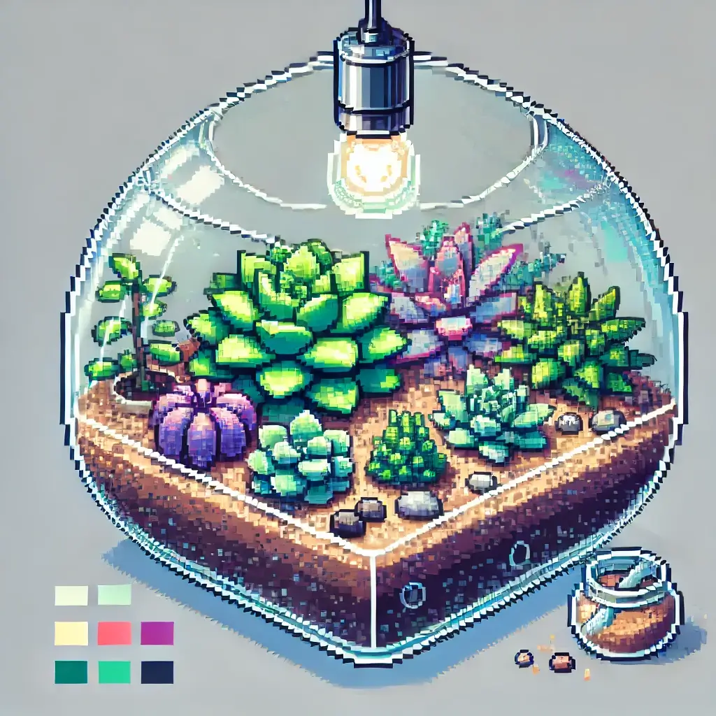Pixel art of a glass succulent terrarium on an office desk, featuring Haworthia, Echeveria, and Gasteria with gritty soil and decorative pebbles under soft window light.