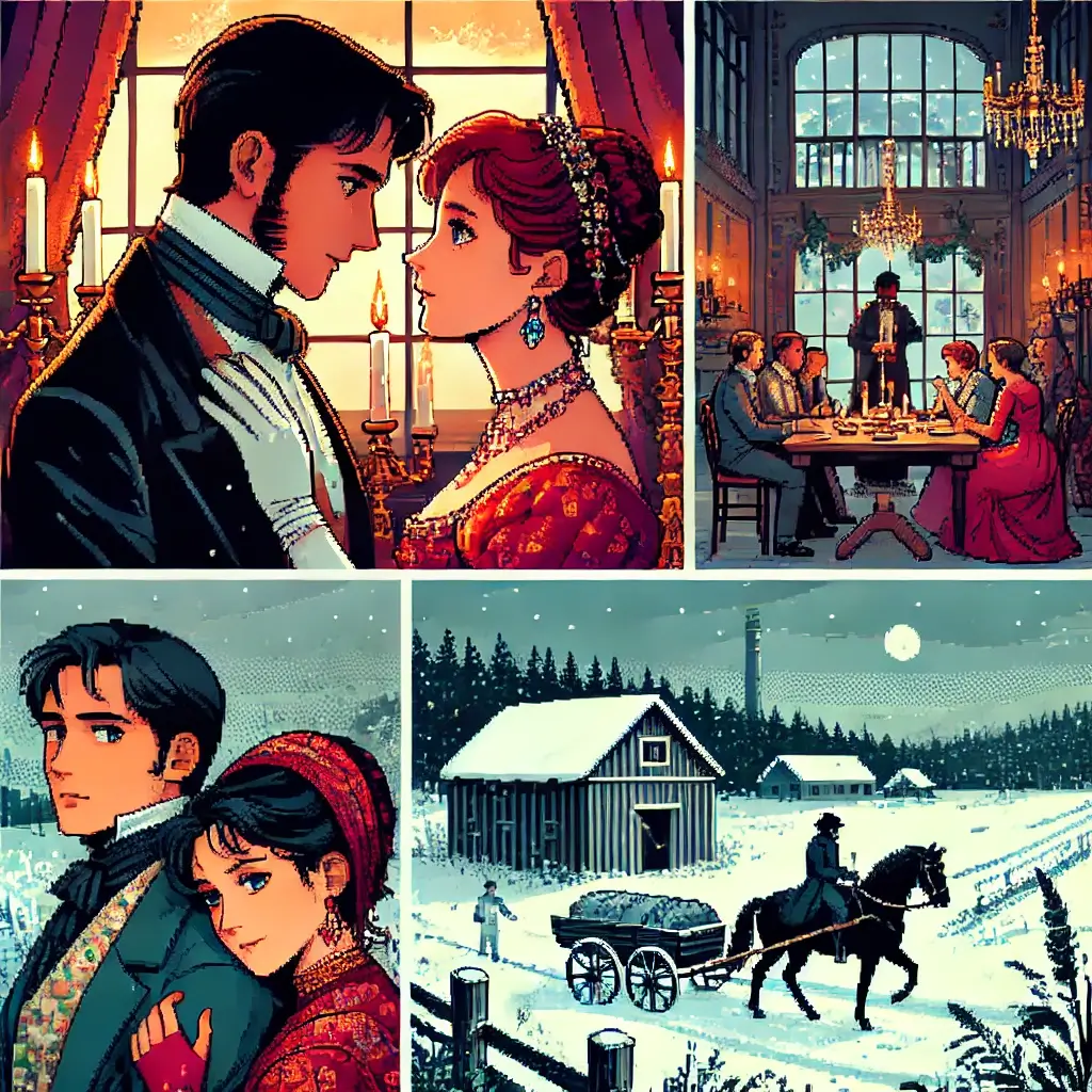 Pixel art of Anna Karenina and Vronsky locking eyes across a grand 19th-century Russian ballroom, surrounded by candlelight and nobles.