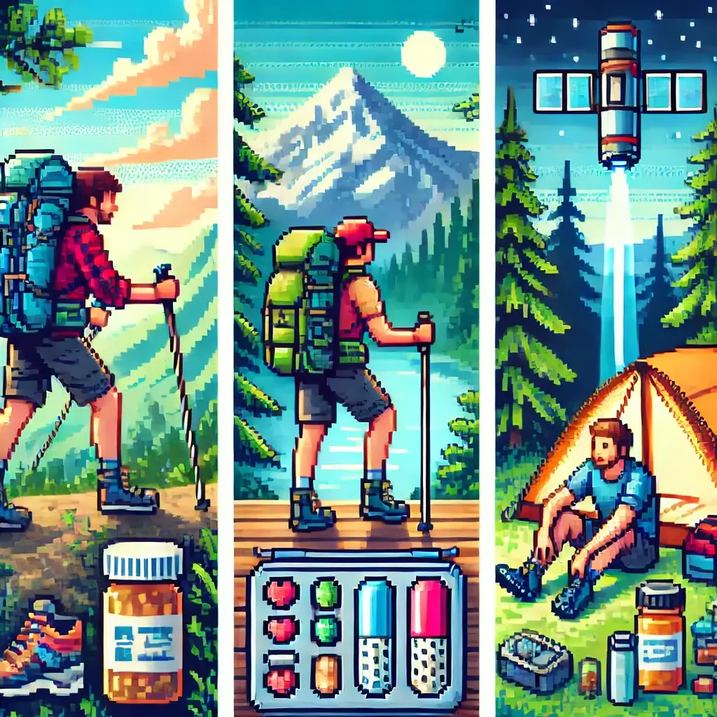 Don't Let Your Diagnosis Hold You Back: 7 Keys to Thru-Hiking with a Chronic Medical Condition! 2 Pixel art hiker with trekking poles and medical gear like insulin cooler and glucose tablets on a mountain trail — thru-hiking with diabetes and chronic conditions.
