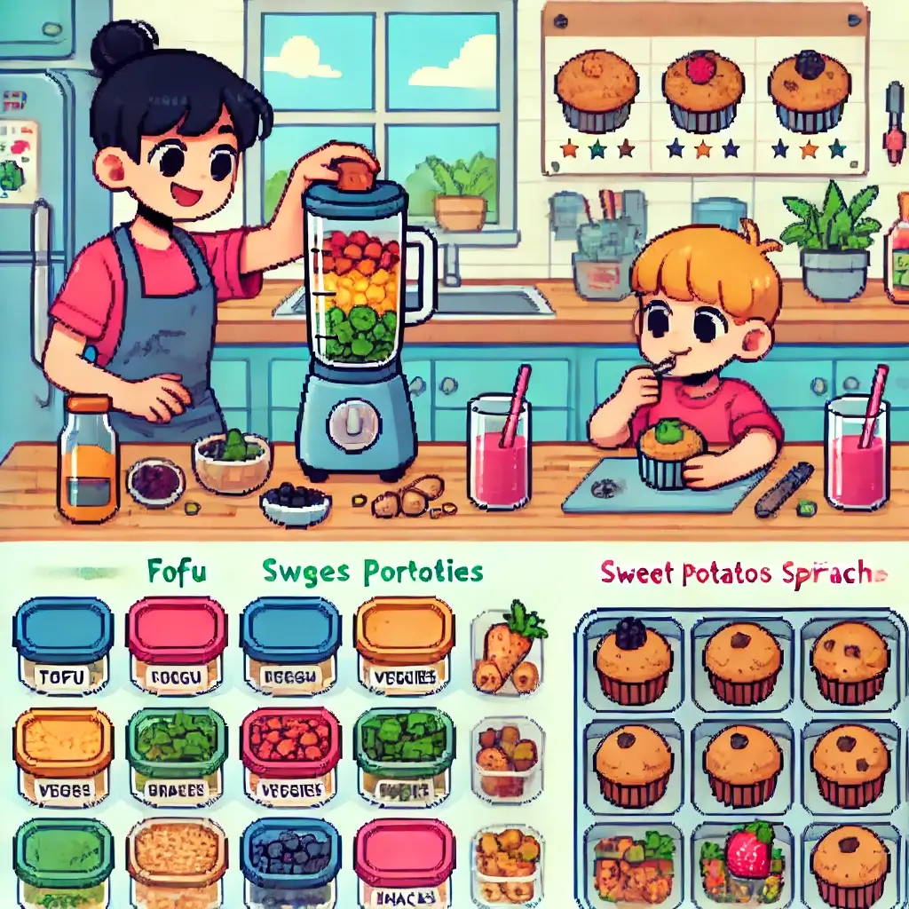 3 Vegan Meal Prep Hacks for Picky Toddlers That Will Save Your Sanity! 2 Pixel art of a parent blending colorful vegan ingredients into muffins while a curious toddler watches in a cozy kitchen.