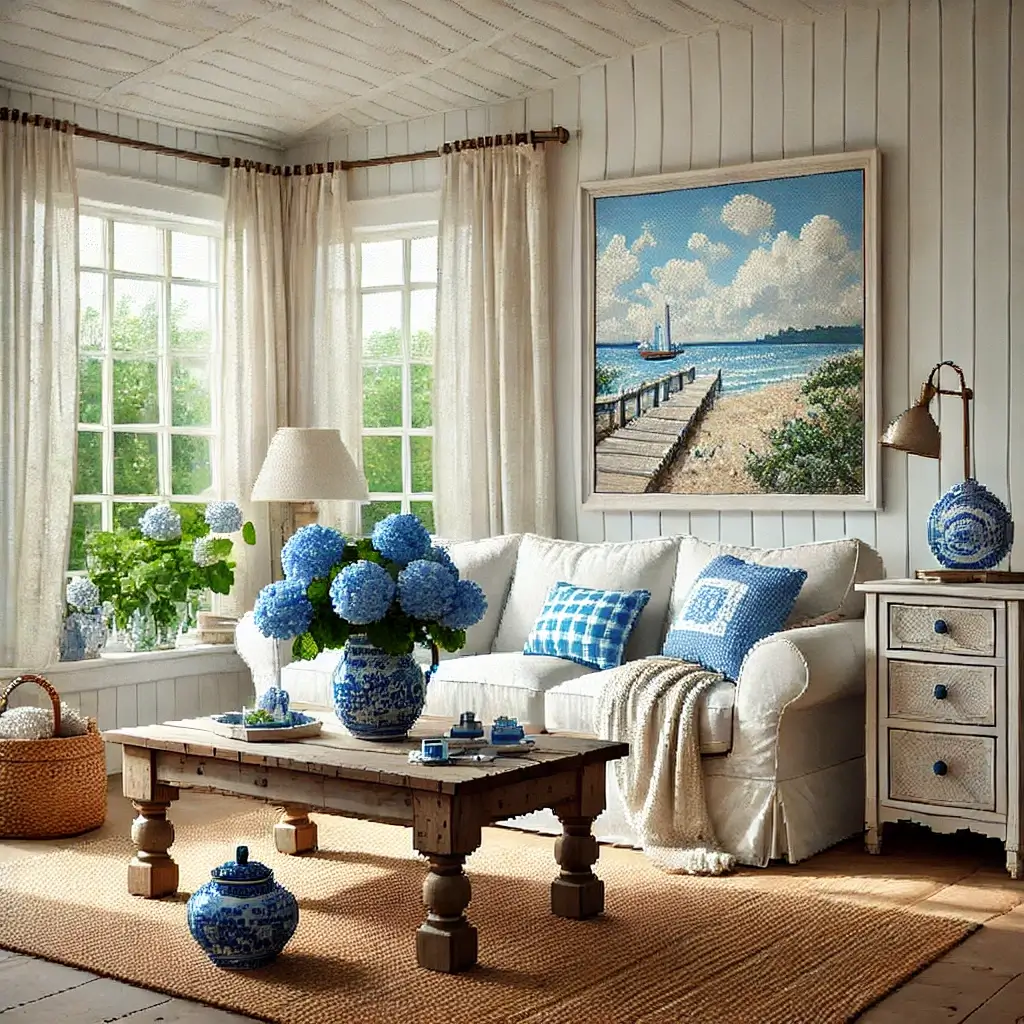 Pixel art of a Coastal Grandma style living room with a linen slipcovered sofa, jute rug, rustic wood coffee table, and fresh flowers, reflecting neutral coastal interior design.