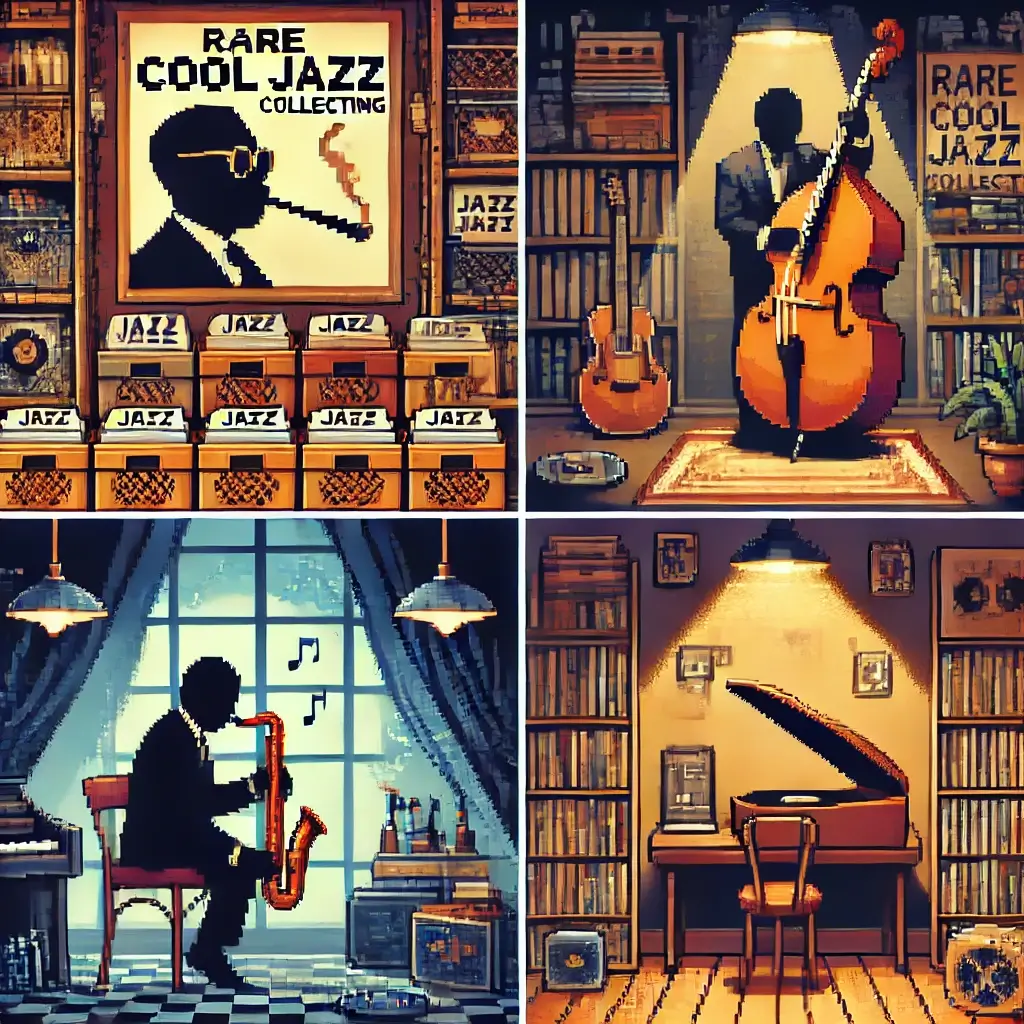 5 Holy Grail 1950s Cool Jazz Albums You Must Own! 2 Pixel art of a dimly lit vintage record store with wooden crates of vinyl, a silhouetted saxophonist on an album cover, and a spinning retro turntable. Cool Jazz