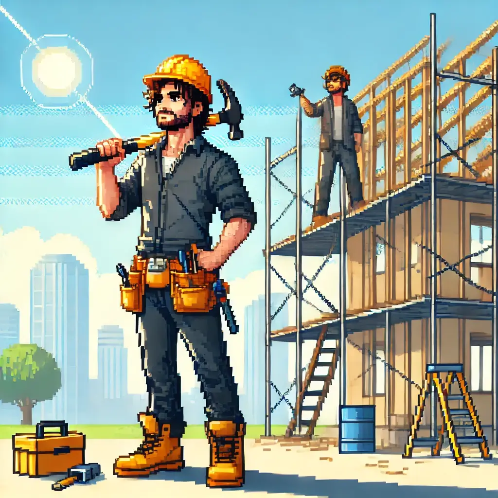 Pixel art of John at a construction site, holding a hammer and standing proudly in front of a partially built house. Welfare to Workforce