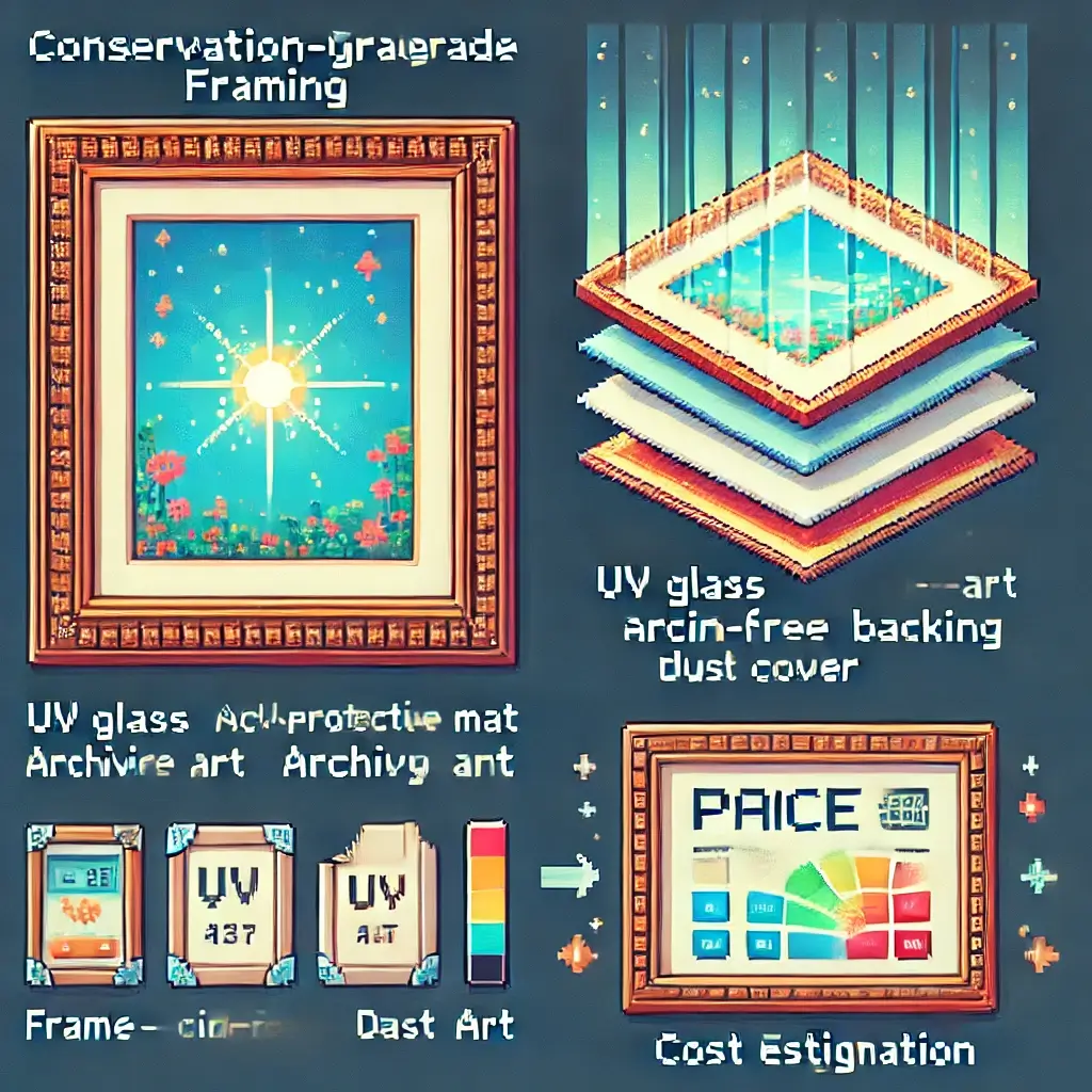 Pixel art of conservation-grade framing with UV glass protecting artwork from sunlight, symbolizing museum glass and archival safety.