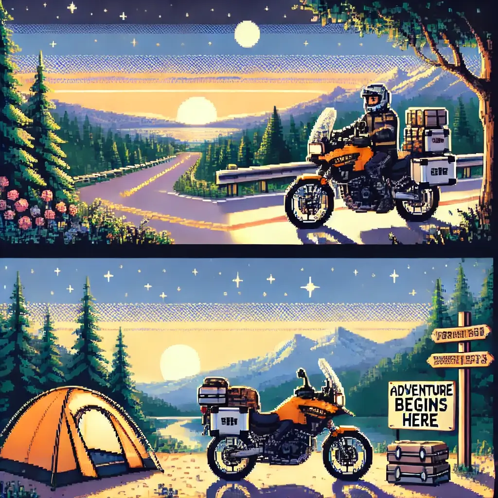 Pixel art of a lone rider on a 250cc motorcycle winding through sunrise-lit mountain roads with minimal gear.