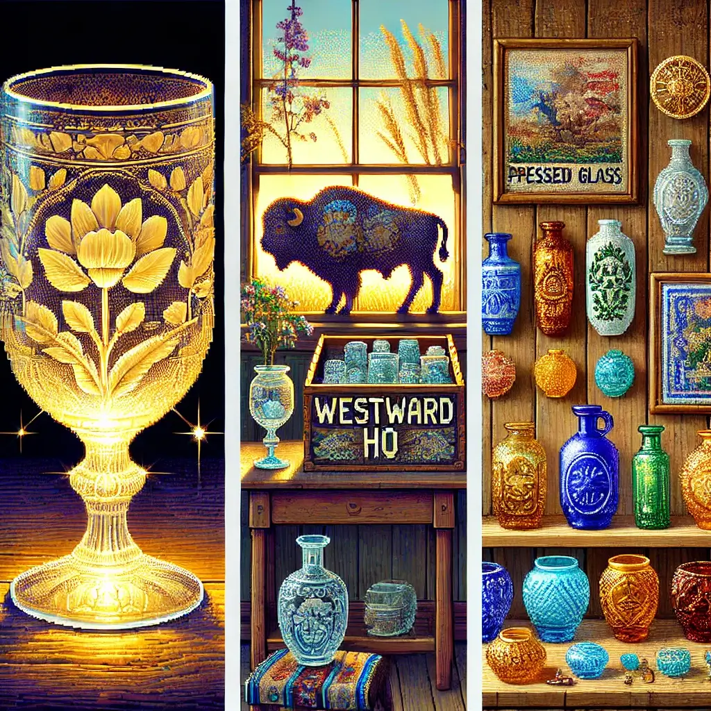 The 7 Glass Patterns That Can Make You a Pressed Glass Millionaire! 2 Pixel art of a glowing Vaseline glass goblet with frosted lion design on a rustic table, light shining through.