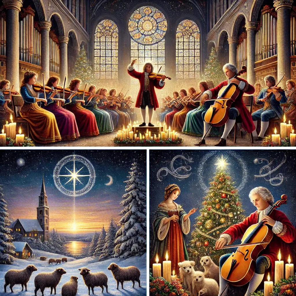 Pixel art of a Baroque orchestra in a candlelit church on Christmas Eve, featuring two violinists, a cellist, and the ripieno ensemble behind them.