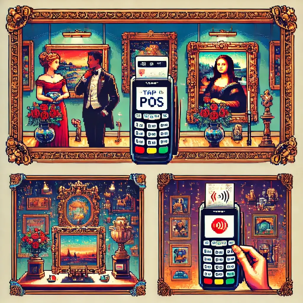 Pixel art of a pocket-sized POS device with tap-to-pay symbol inside an art gallery — pop-up exhibit POS system for artists. Best POS systems for art galleries & pop-up exhibits