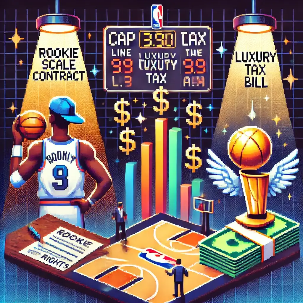 The $100 Million Gamble: How NBA Contracts Exploded and Changed Basketball Forever 2 Pixel art of a rookie NBA player signing a rookie contract under a spotlight with dollar signs above, symbolizing NBA contracts and rookie scale.