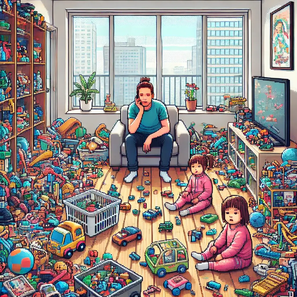 Pixel art of a cluttered small urban apartment living room, overwhelmed parent and kids surrounded by toys, representing the struggle before minimalist parenting. Keywords: minimalist parenting, urban apartments, decluttering, small spaces.