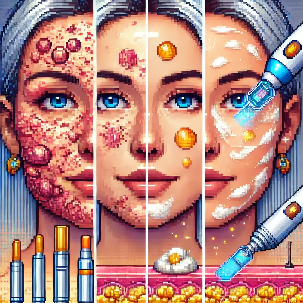 Pixel art of a face with one side showing deep cystic acne scars and the other side smooth and clear, symbolizing skin treatment results.