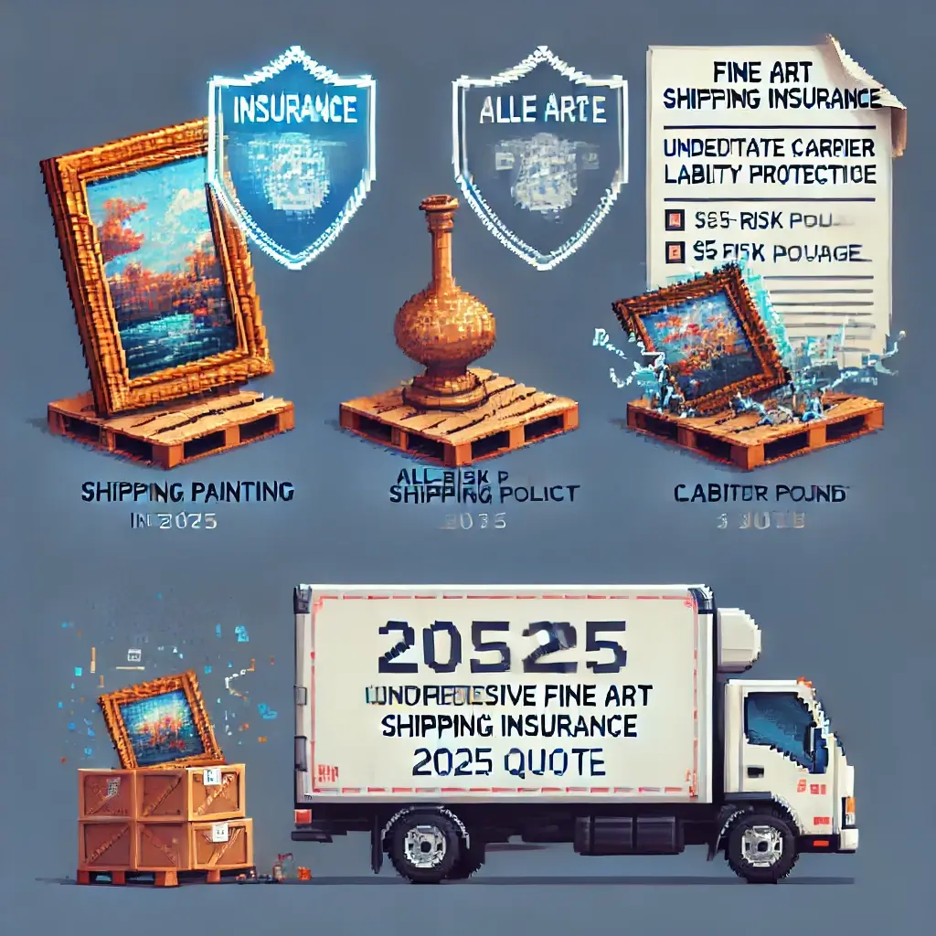 Pixel art of a broken sculpture during shipping with a small tag reading "$5 per pound," representing inadequate carrier liability coverage instead of real Fine Art Shipping Insurance.