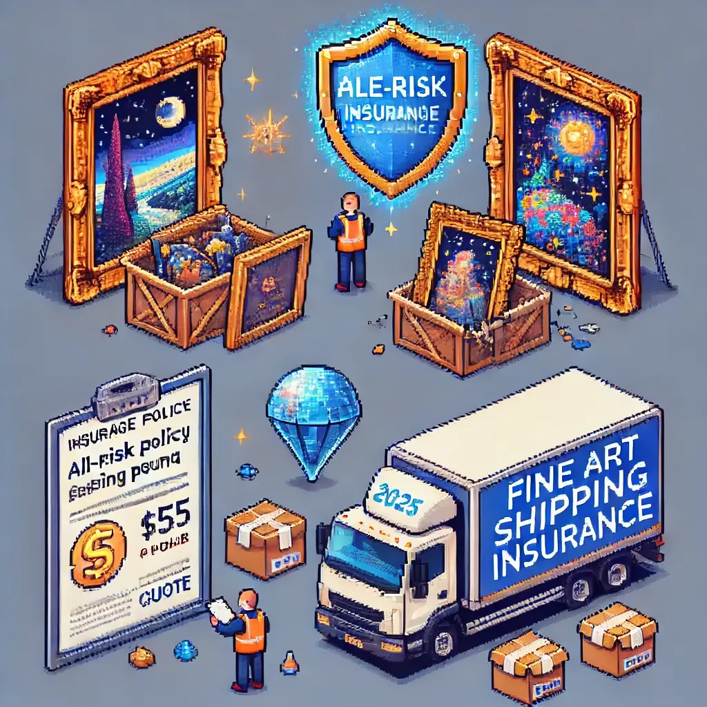 Pixel art of a fragile painting in a crate with a glowing shield labeled "All-Risk Policy," symbolizing proper Fine Art Shipping Insurance protection in 2025. 2025 Fine Art Shipping Insurance: Why You're Probably Doing It Wrong