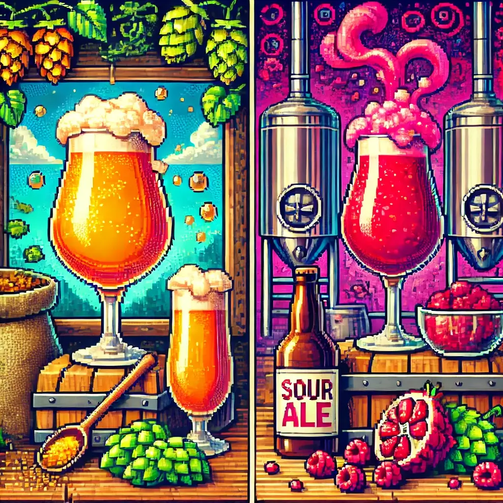 Pixel art of a golden Belgian Trippel in a tulip glass on a rustic table with hops and malt sacks. Micro-Brewing