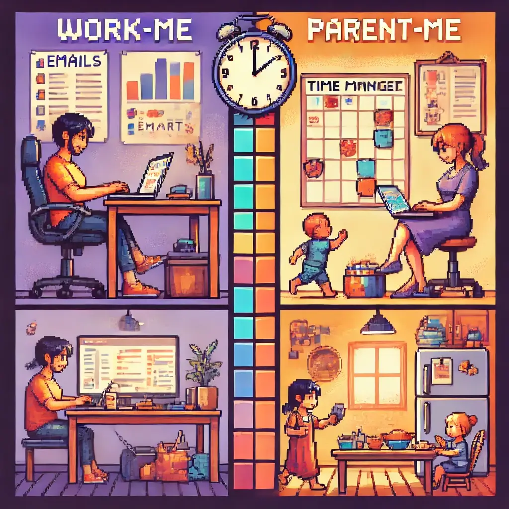 Pixel art of a remote worker parent at a desk with a laptop, toddler playing nearby, colorful floating time blocks symbolizing time management for remote work and parenting.