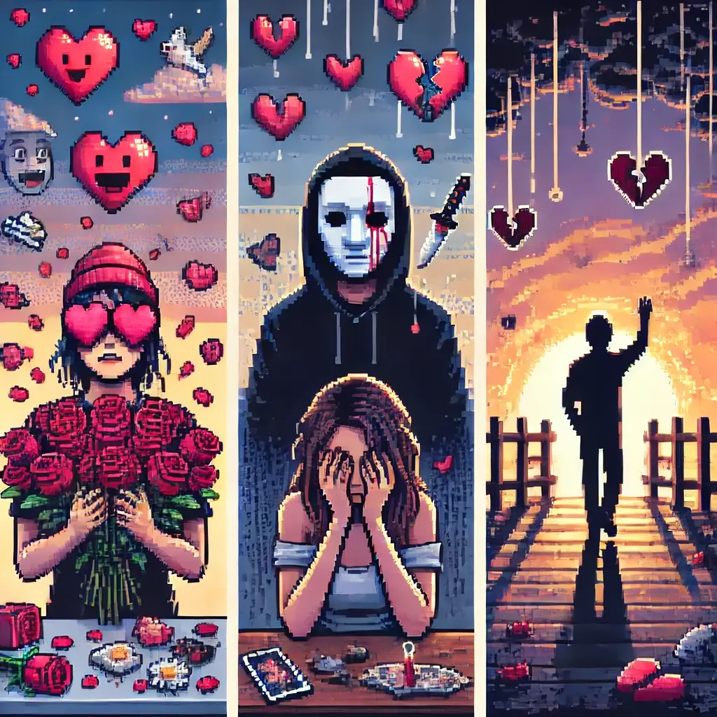 Pixel art image of a person overwhelmed by gifts like roses and jewelry falling from the sky, while their partner hides a mask behind their back. Symbolizes love bombing and emotional manipulation in toxic relationships.